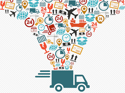 Shipping logistics delivery concept: speedy truck with icons splash illustration. Vector file in layers for easy editing.